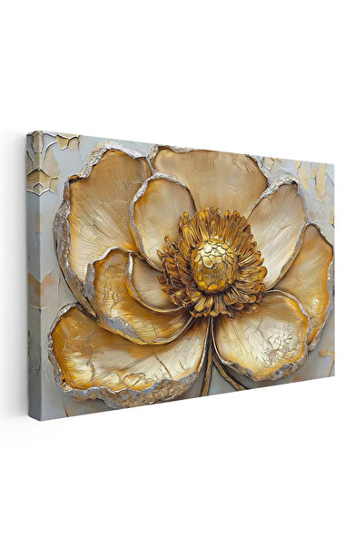 Tablofest Yatay Kanvas Tablo Kabartma Görünümlü Dev Altın Çiçek Çiçek Tablosu...