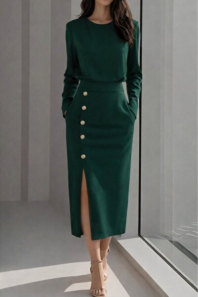 DRESSIFY WOMEN’S FASHION Women's Long Sleeve Crew Neck Side Slit Button Midi ...