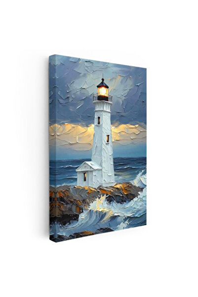 Tablofest Dikey Kanvas Tablo Dalgalı Deniz Feneri Kabartma Görünümlü Tablo Ev...