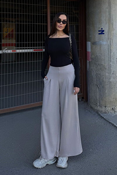 bacc Beige Pocketed Flared Ultra Soft Fabric Trousers Bcdf-25P0001