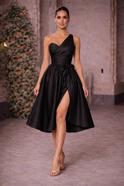 MODA One Shoulder Black Satin Midi Dress – Slit Detail