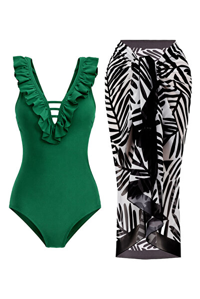 CUPSEA Green Swimsuit with Ruffles on the Front and Black Leaf Detail, Effect...