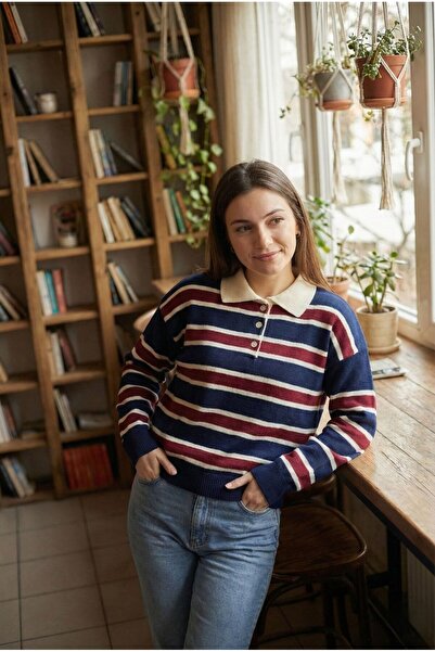 RAGİDE Striped Polo Neck Buttoned Knitwear Sweater