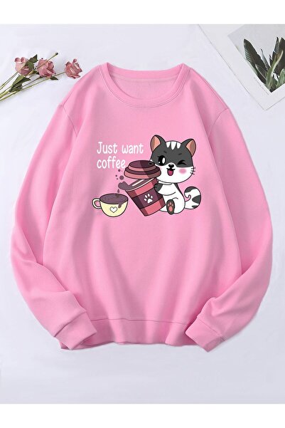 Kids Coffee Filling Cat Printed Girls Winter Children's Sweatshirt Pink