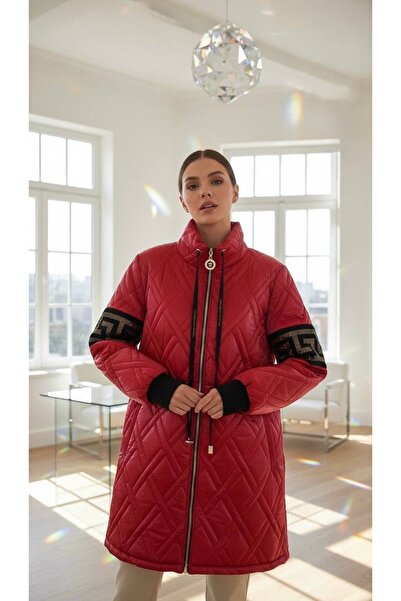 RED WOMAN FASHİON Zippered Mock Neck Long Coat