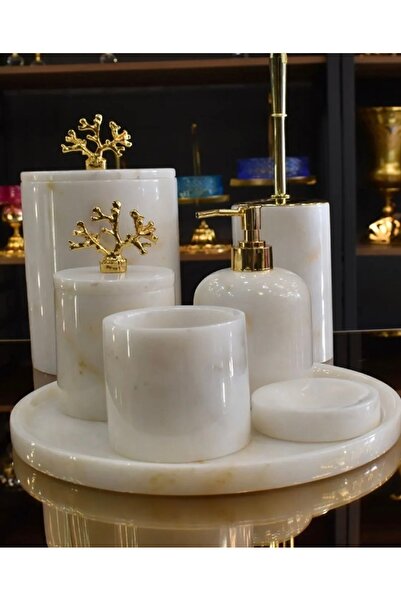 SAMM MARBLE Beyaz Mermer banyo seti 7li gold aksesuar