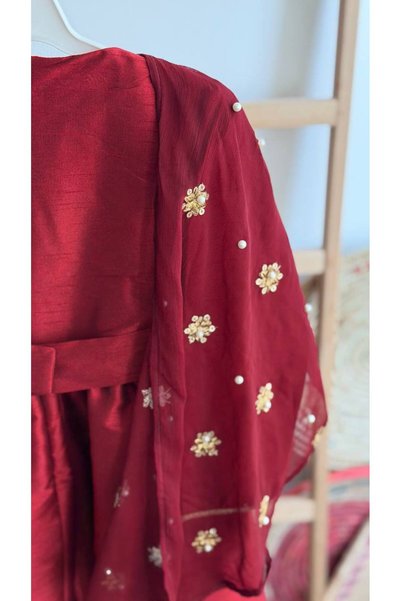 La reina petite A traditional burgundy dress with an embroidered shawl by Larina Petite