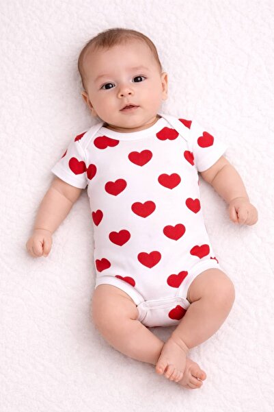Babytoo بدلة قصيرة الأكمام مزينة بنقشة قلب للبنات الصغيرات من عمر 1-3-6-9 أشهر