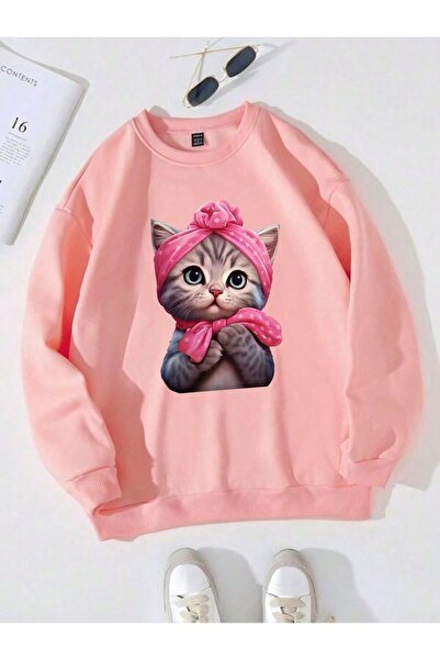 Kids Pembe Kurdeleli Tatlı Kedi Baskılı Kız Kışlık Çocuk Sweatshirt Pembe