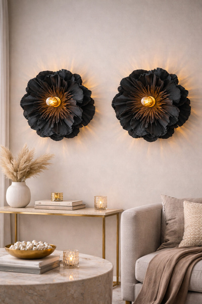 Bubihome Lumi Bloom Noir 2'li Aplik Seti – El Yapımı Siyah Çiçek Aplik | Deko...