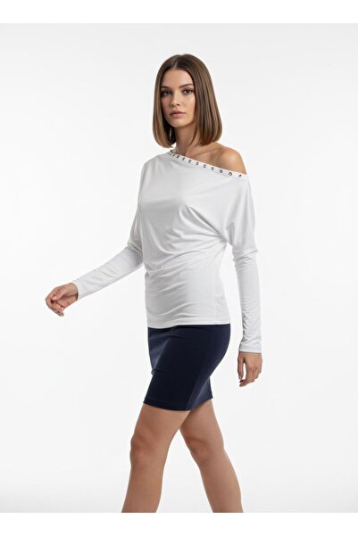 mysimy Long Sleeve Flexible Blouse with Metal Accessories on the Shoulder