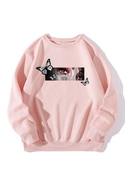 Kids Face and Butterfly Printed Girls Winter Children's Sweatshirt Pink