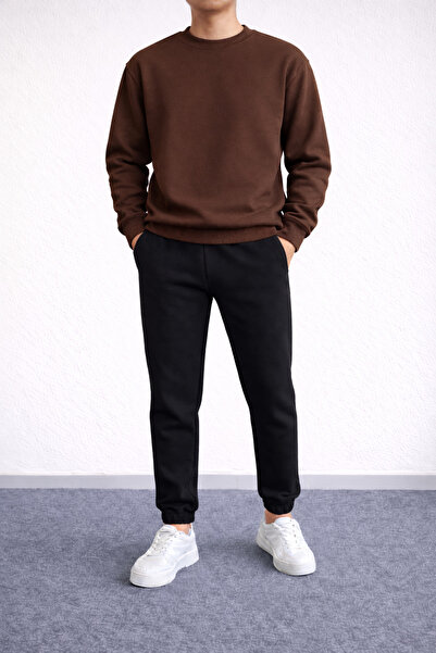 Revasser Unisex Kadın/Erkek DÜZ Alt Üst Pamuklu Jogger Sıfır Yaka Sweatshirt ...