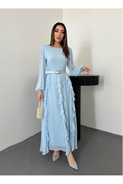 Starmount Butik Şifon Kumaş Uzun Boy Vatkalı Kemerli Püskül detay elbise