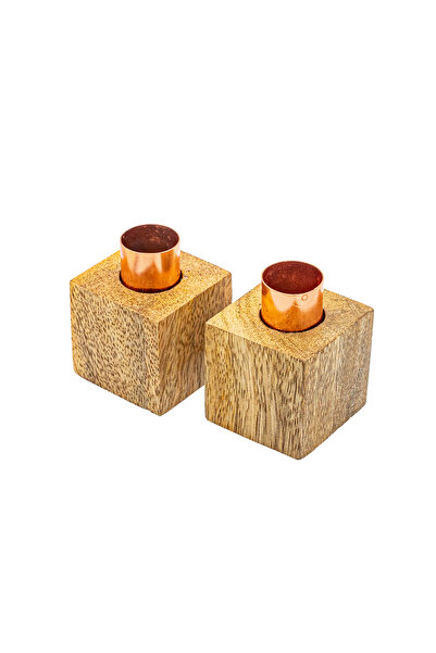 ARANA Set of 2 copper and wooden candle holders, handmade, 4 cm