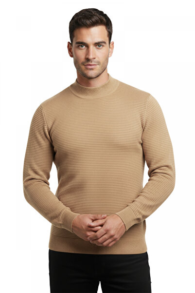 DeepSEA Camel Slim Fit Чоловічий трикотажний светр з напівкомірцем – Смугасти...