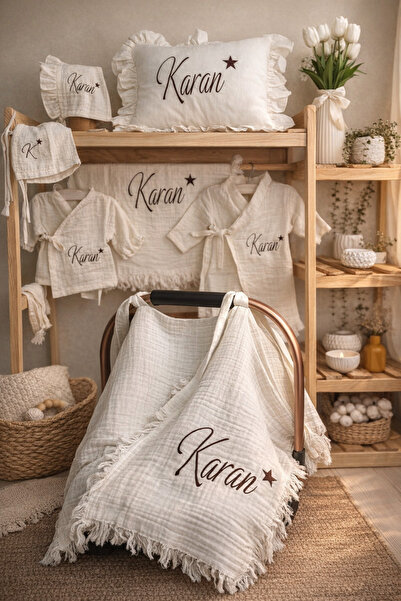 hobittubaby İsim nakışlı Müslin bebek hastane çıkış seti kişiselleştirilmiş 7...