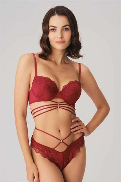Marsilyan Ieg Underwire Supported Padded Belly Detailed Lace Bra and String S...