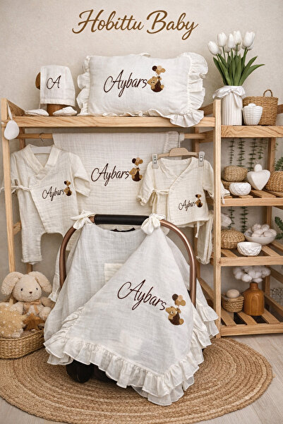 hobittubaby İsim nakışlı Müslin bebek hastane çıkış seti 7 parça