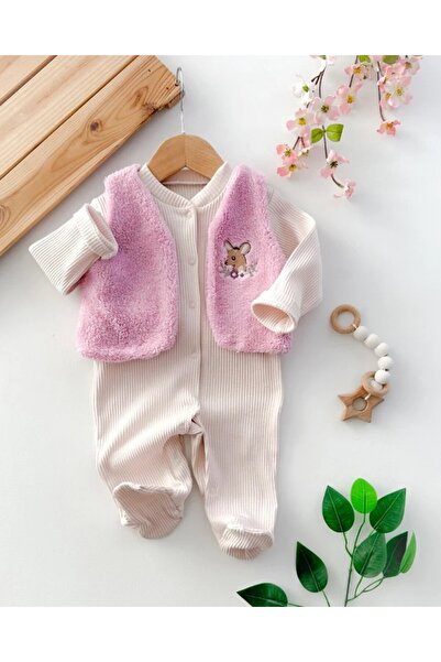 MeaShop Deer Embroidered Plush Vest Set 100% Cotton Baby Girl Jumpsuit Set