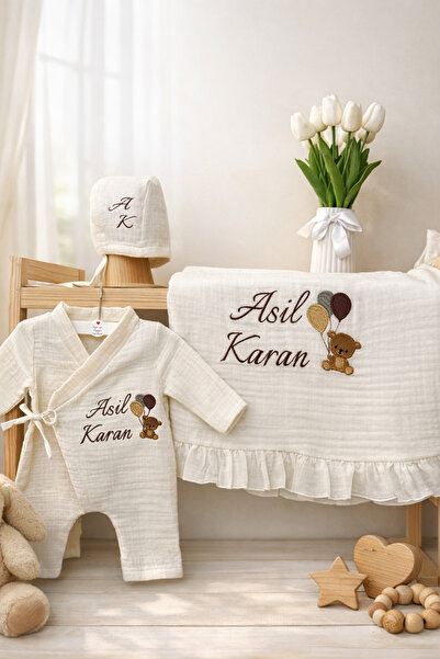 hobittubaby İsim nakışlı Müslin bebek tulum ve battaniyesi hastane çıkış seti