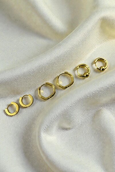 Lorivelle Küpe 3'lü Set Minimal Halka Çelik 14K Altın Rengi Geometrik Toplu K...