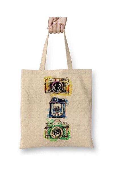 Toyaso Watercolor Camera Photographer 02 White Cloth Bag Long Handle Shopping...