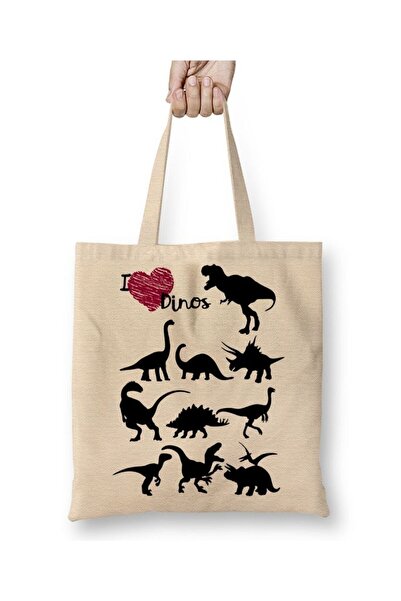 Toyaso I Love Dinosaur White Tote Bag Long Handle Shopping Bag Beach Bag