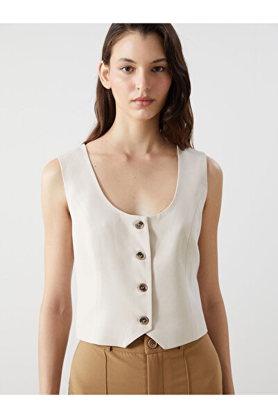 LC Waikiki Vestă clasică pentru femei, cu gât în ​​U, amestecat de in