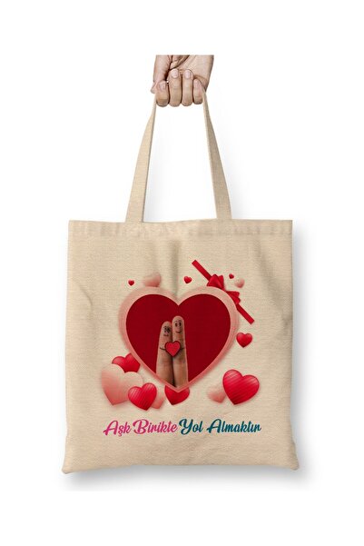 Toyaso Valentine's Day Gift for Lover White Cloth Bag Long Handle Shopping Ba...