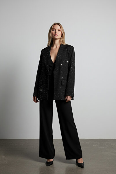 SLAY BUTİK Full Taş Detaylı Düğmeli Astarlı Blazer Ceket