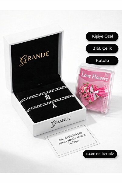 GrandeAccessory 2'li Harfli Çelik Bileklik Ve Love Flowers Çiçek Sevgililer G...
