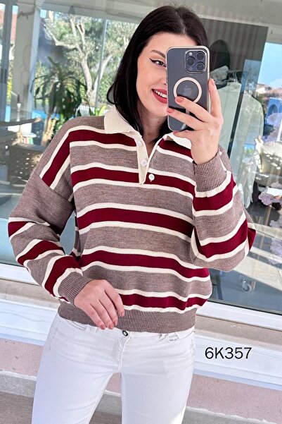 İnce Topuk Polo Neck Striped Knitwear Blouse 6K357