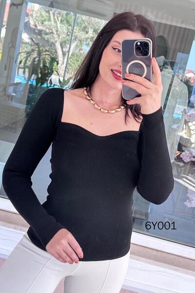 İnce Topuk Heart Neckline Steel Knitwear Blouse 6Y001