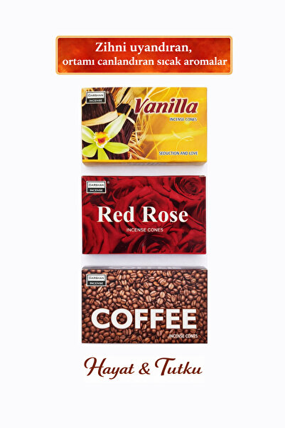 Hyge Hayat & Tutku 3’lü Konik Tütsü Seti Kahve/Vanilya/Kırmızı Gül Ev Ofis Koku