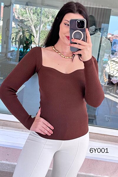 İnce Topuk Heart Neckline Steel Knitwear Blouse 6Y001