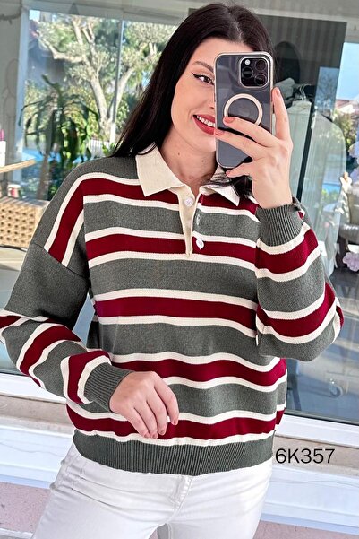 İnce Topuk Polo Neck Striped Knitwear Blouse 6K357