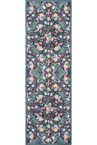 Cool Halı Florence Siyah Pembe Çiçekli Eskitme Otantik Makinede Yıkanan Şönil...