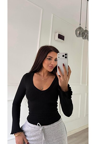 Daves Siyah Eni Boyu Esnek V Yaka Bluz