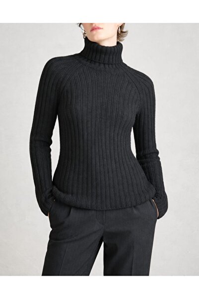 NSRKNİTWEAR Women's Black Corded Fabric Turtleneck Raglan Sleeve Knitwear Swe...