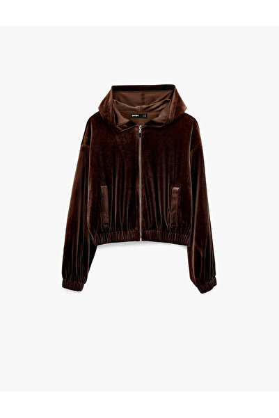 Koton Long Sleeve Pocket Zippered Velvet Hooded Jacket