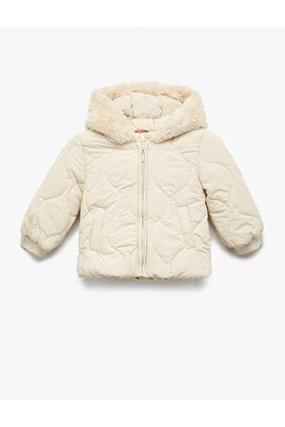 Koton Long Sleeve Hooded Faux Fur Collar Zipper Quilted Coat