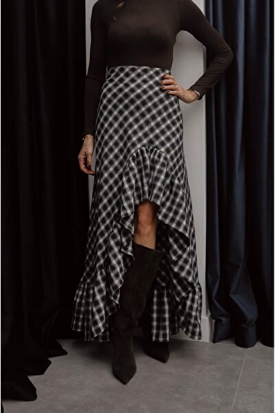 BRTC design Women's Brown Ruffled Split Detail Plaid Skirt