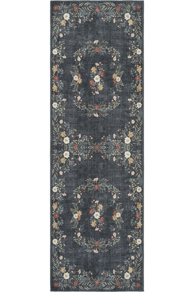 Cool Halı Florence Siyah Kahverengi Çiçekli Eskitme Otantik Yıkanır Şönil Dok...
