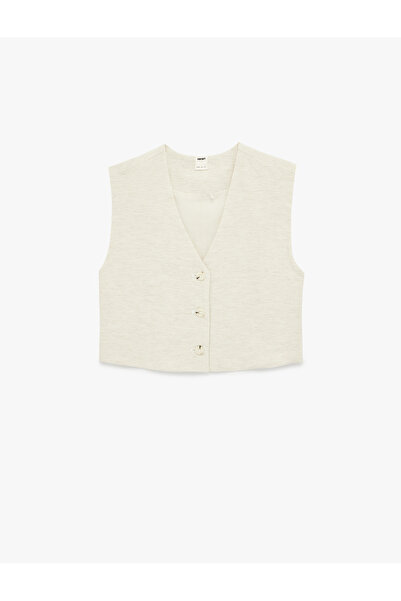 Koton Linen Blend V-Neck Buttoned Crop Vest