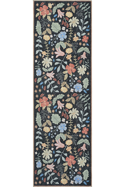 Cool Halı Florence Siyah Kırmızı Renkli Çiçekli Bohem Makinada Yıkanabilir Le...