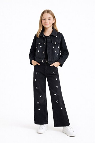 Cansın Mini Κοριτσίστικο τζιν σετ με μπουφάν με μαύρο σχέδιο καρδιάς και παντ...