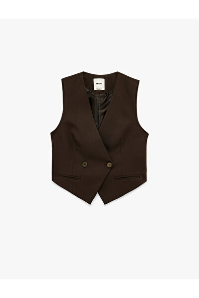 Koton Buttoned Pocket Detailed Viscose Blended Sleeveless Double-Breasted Col...