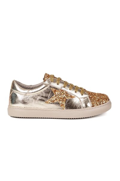 VİVENS MODA Women's Gold Glitter Lace-Up Casual Sneaker Shoes