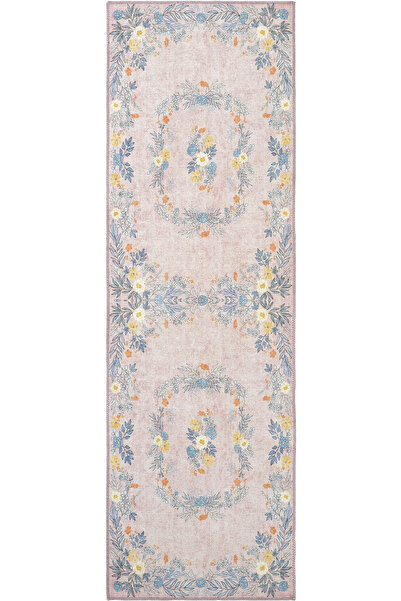 Cool Halı Florence Pembe Mavi Romantik Çiçek Desenli Yıkanabilir Şönil Baskıl...